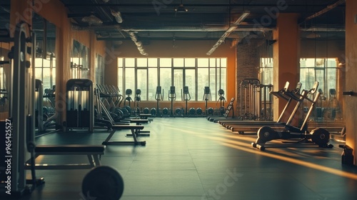 Modern Gym Interior with Cardio Equipment and Sunlight Streaming Through Windows photo