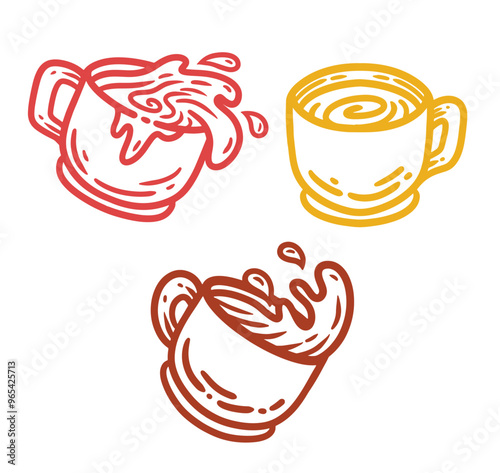 cafe illustration of espresso hot coffee cup spilling pour line outline logo