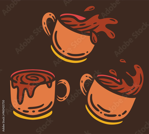 cafe illustration of espresso hot coffee cup spilling pour