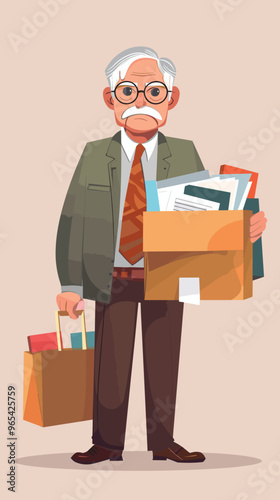 Elderly unemployed man holding box of office supplies, facing age discrimination and ageism, rejected by various employers