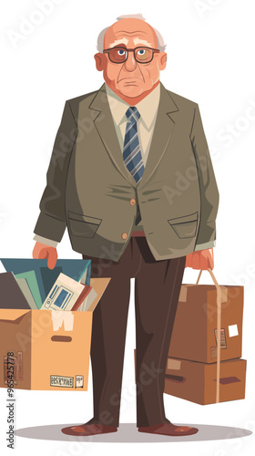 Elderly unemployed man holding box of office supplies, facing age discrimination and ageism, rejected by various employers