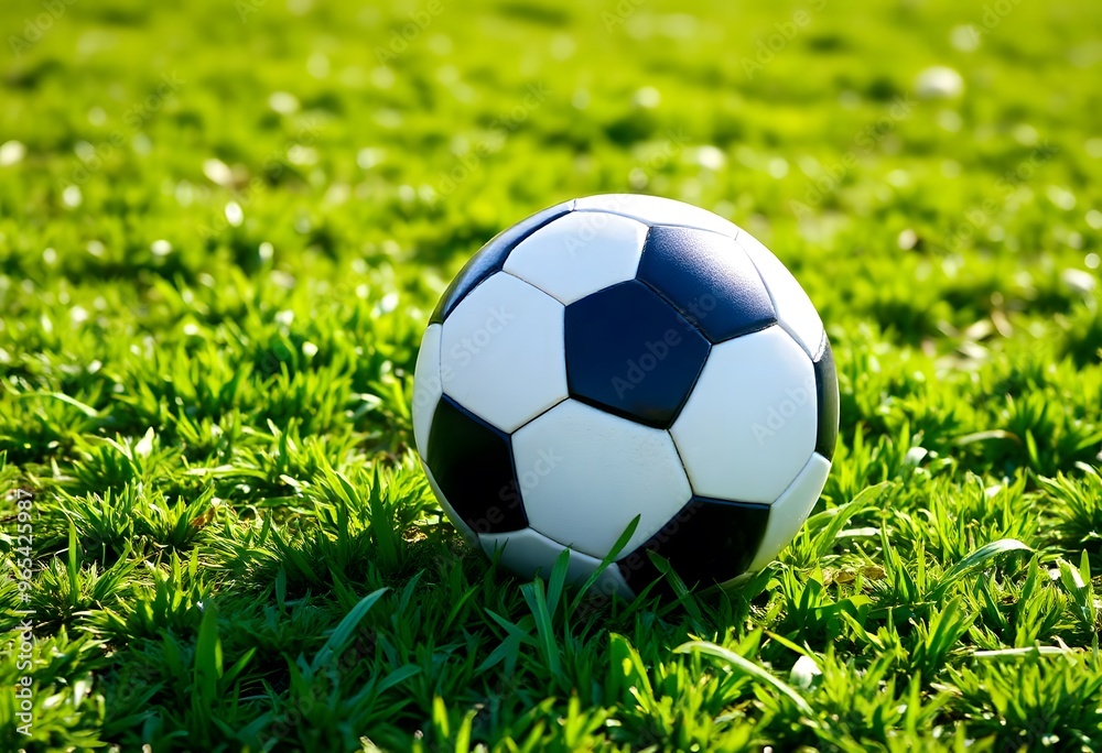 Fototapeta premium Soccer ball resting on a lush, green field with dew drops on it