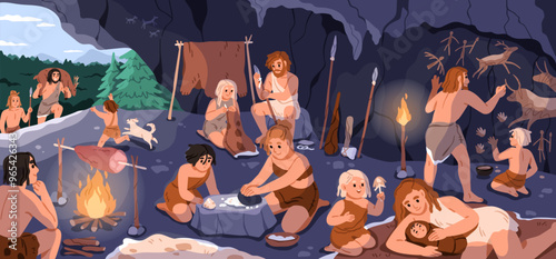 Stone Age, cavemen, prehistoric people life in ancient cave. Prehistory family, tribe, neanderthal group camp with fire, food, wall paintings. Flat vector illustration isolated on white background