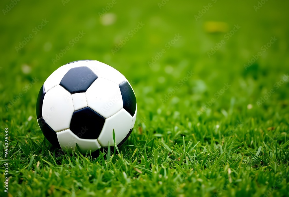 Soccer ball resting on a lush, green field with dew drops on it Soccer ball resting on a lush, green field with dew drops on it