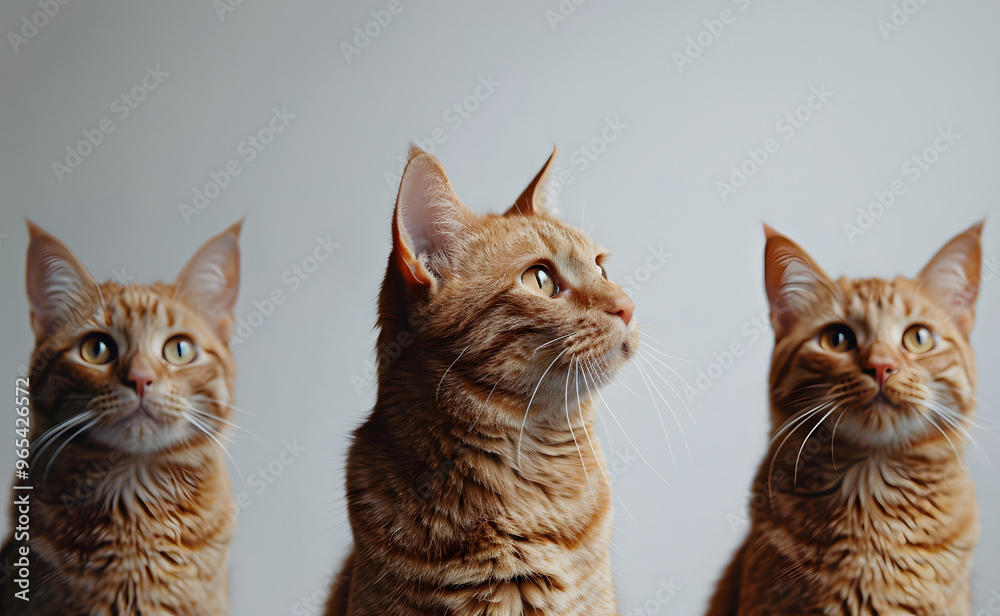 Joyful ginger cat gazes thoughtfully while sitting with two companions in cozy indoor setting. Generative by AI