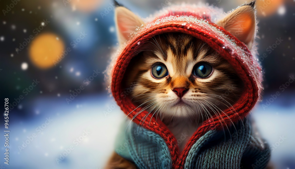 Close-up of a cute little kitten wearing in a warm winter sweater while looking at the camera on a cold winter day while it is snowing. Template for a winter or Christmas greeting card. Generative Ai.