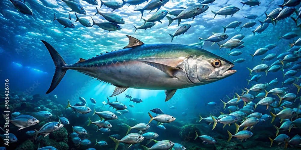 Fototapeta premium A dogtooth tuna swimming in a vibrant blue ocean, its silver scales catching the sunlight, surrounded by coral and schools of smaller fish.