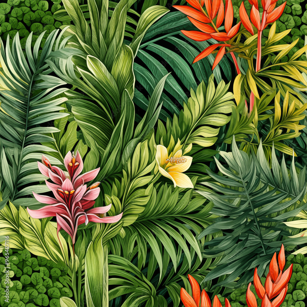 Lush tropical botanical pattern with vibrant flowers and green foliage
