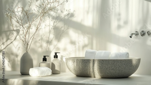 Minimalist Bathroom Sink with Towels, Bottles, and Dried Flowers