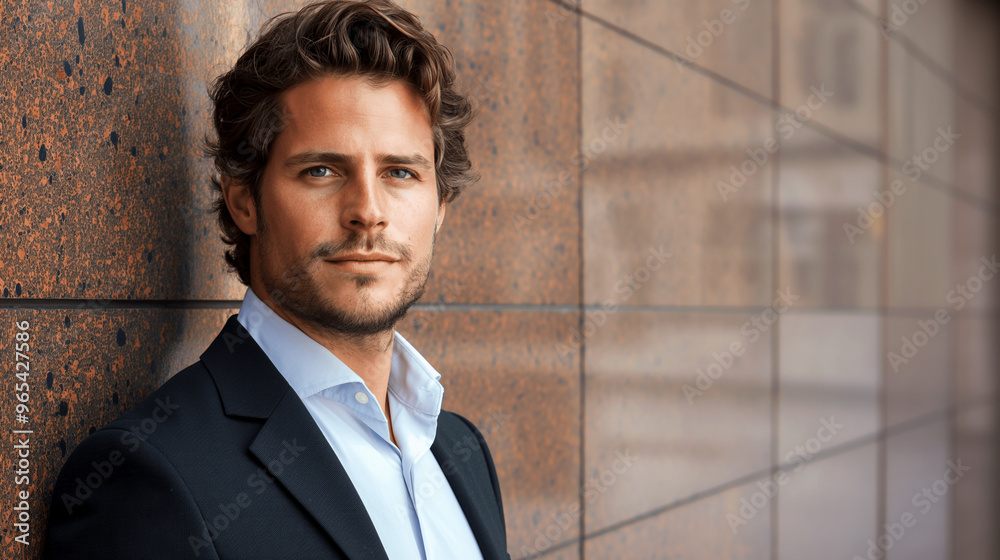 Confident businessman in navy suit leaning against modern building wall. Banner with empty copy space Confident businessman in navy suit leaning against modern building wall. Banner with empty copy space
