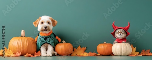 Pets in Halloween attire, a dog in a spider costume and a cat in a devil outfit, playing among seasonal fall decor like pumpkins and autumn leaves photo