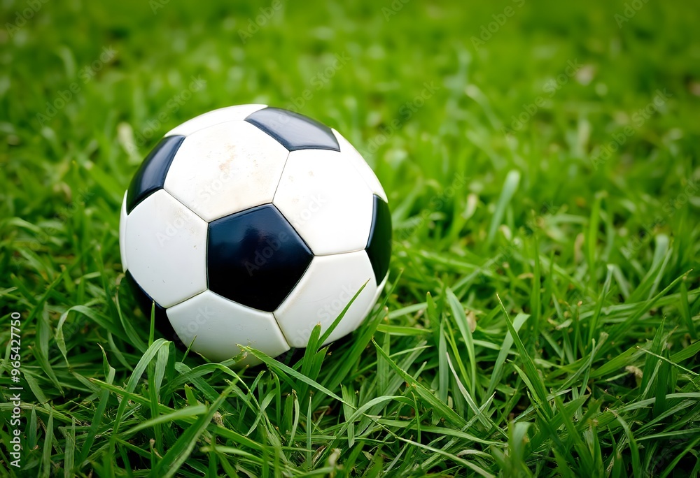 Soccer ball resting on a green grass field.