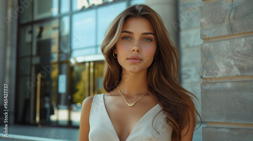 Elegant woman in a white dress standing confidently in front of a modern building Free Download Elegant woman in a white dress standing confidently in front of a modern building - GFXLoad