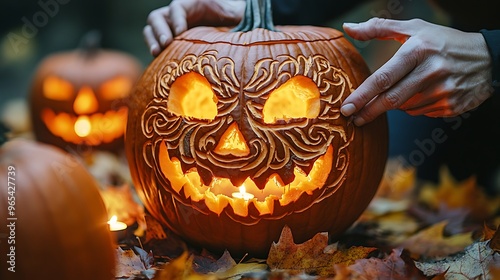 Close-up of hands carving a detailed jack-o-lantern, soft candlelight glowing from the finished pumpkins in the background, surrounded by autumn leaves, photo