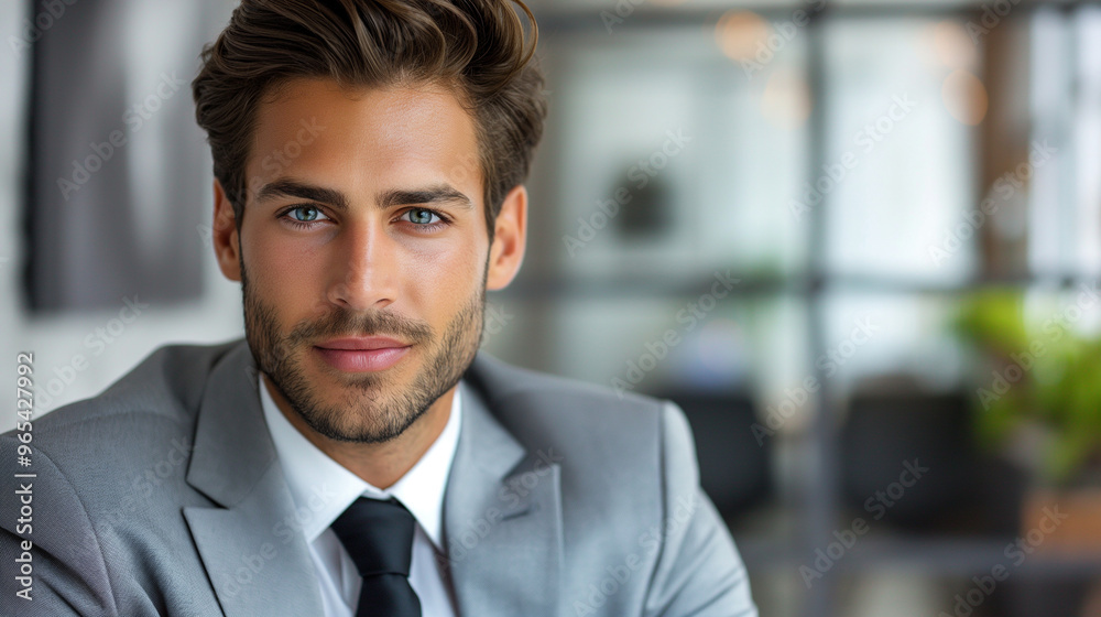 Confident businessman in gray suit with beard smiling at camera Confident businessman in gray suit with beard smiling at camera