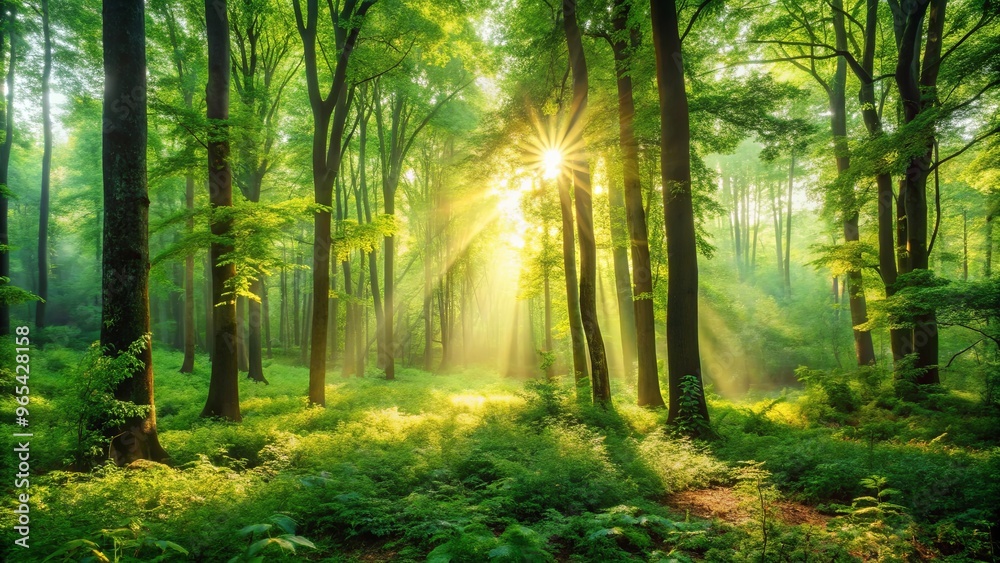 Fototapeta premium Serene forest scene with sunlight filtering through lush greenery