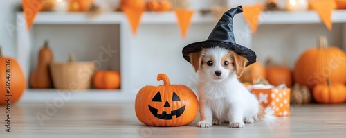 Playful puppy in a pumpkin costume and a kitten in a witch s hat, surrounded by seasonal decorations like glowing jack-o'-lanterns and harvest gourds photo