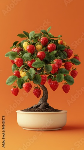 A vibrant strawberry bonsai plant against a bright background, showcasing ripe fruit and lush green leaves.