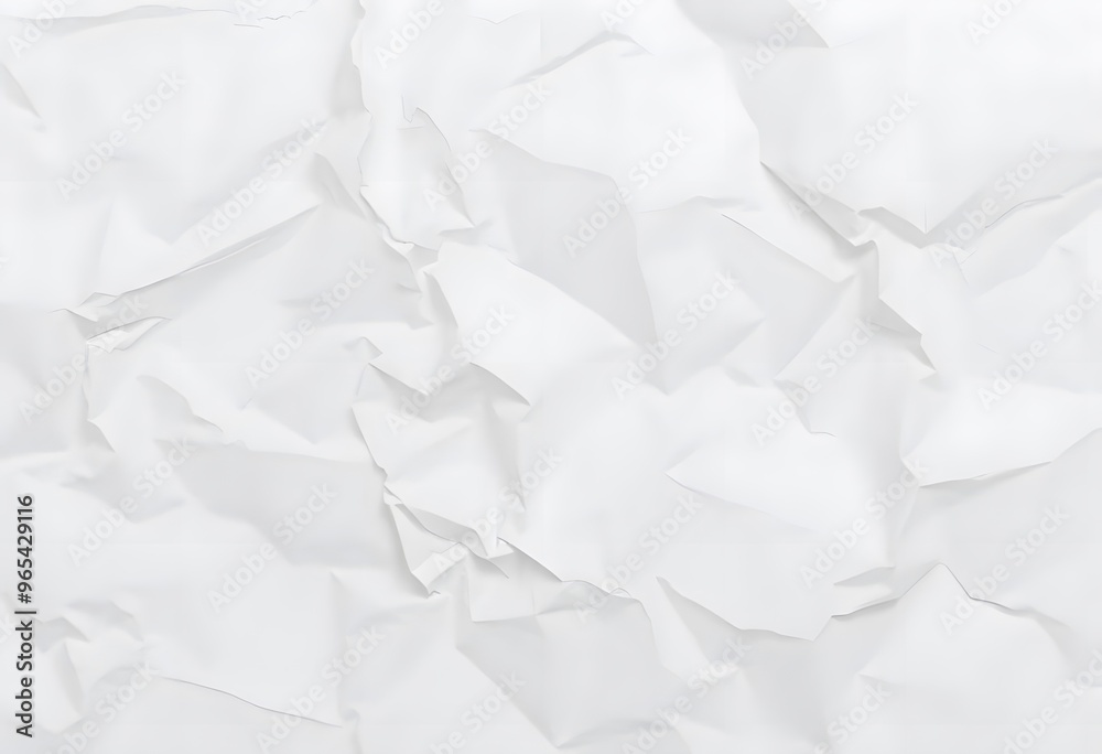 Obraz premium Close-up of crumpled white paper. The paper is heavily wrinkled, creating a textured surface with deep creases and folds. The lighting is soft and diffused,
