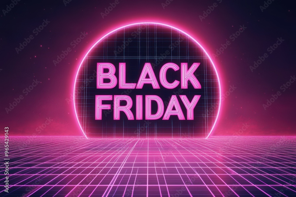 Obraz premium Neon Black Friday sale announcement featuring vibrant graphics and a retro digital background