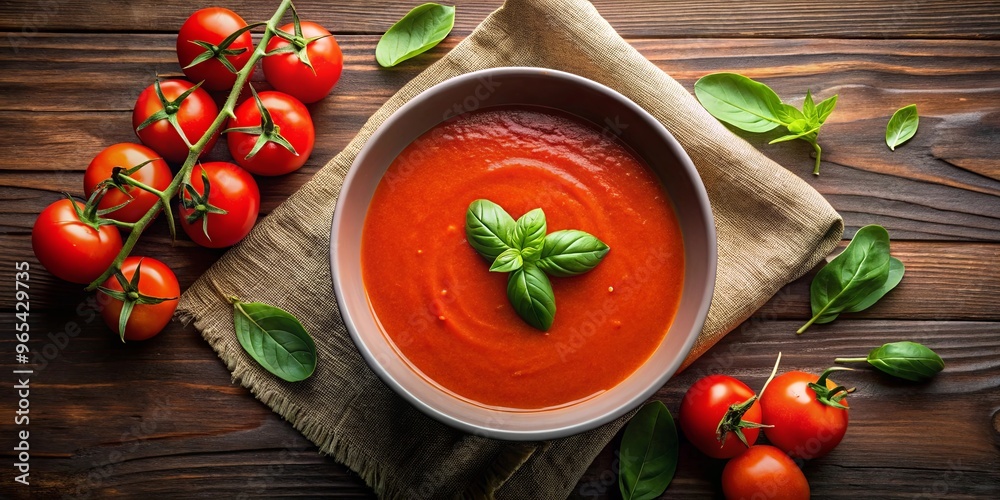 A bowl of tomato soup with fresh tomatoes and basil on the side A bowl of tomato soup with fresh tomatoes and basil on the side