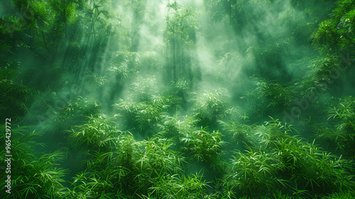 Sunbeams shining through misty bamboo forest canopy