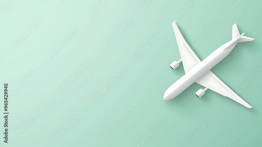 White airplane vector design on a pastel green background with minimalist style, offering open space for travel-related messaging. White airplane vector design on a pastel green background with minimalist style, offering open space for travel-related messaging.
