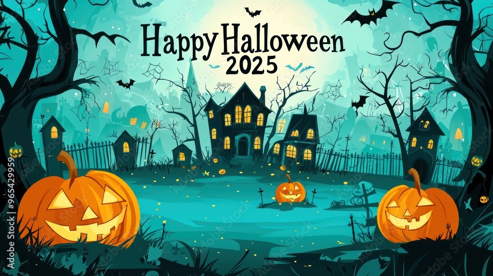 Fototapeta premium Flat Vector Illustration of Halloween Background with Haunted House, Pumpkin and Scary Tree. Graveyard Scene for Halloween Lantern Festival Vector Graphic Design. Scary Halloween Night Banner Template