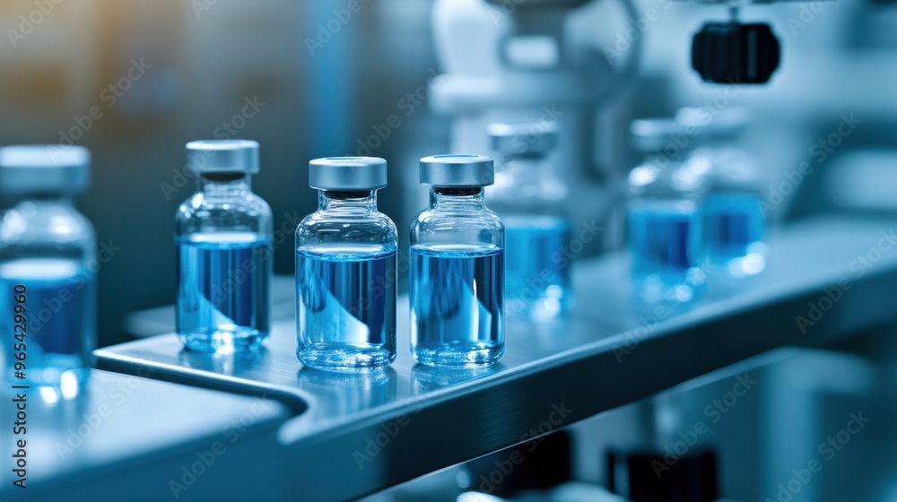 Close-up of blue liquid in vials on a laboratory shelf, showcasing advanced medical technology and pharmaceutical production. Close-up of blue liquid in vials on a laboratory shelf, showcasing advanced medical technology and pharmaceutical production.