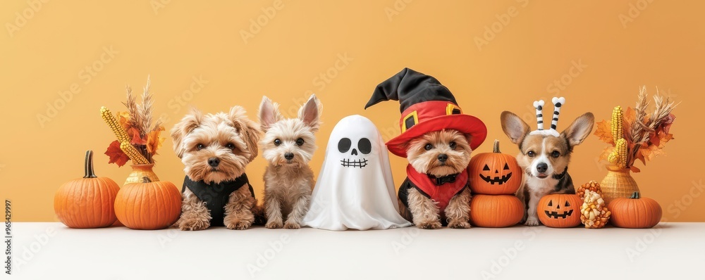 Obraz premium Group of pets dressed in Halloween attire, including a dog in a Frankenstein costume and a cat in a skeleton outfit, with seasonal fall decorations like glowing jack-o'-lanterns