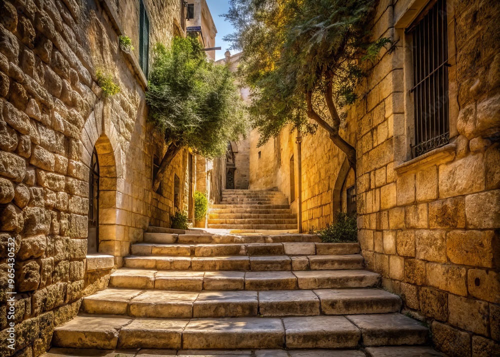 Fototapeta premium Ancient stone steps winding through narrow Jerusalem streets, worn by centuries of pilgrims carrying crosses, shadows of olive trees on worn cobblestones