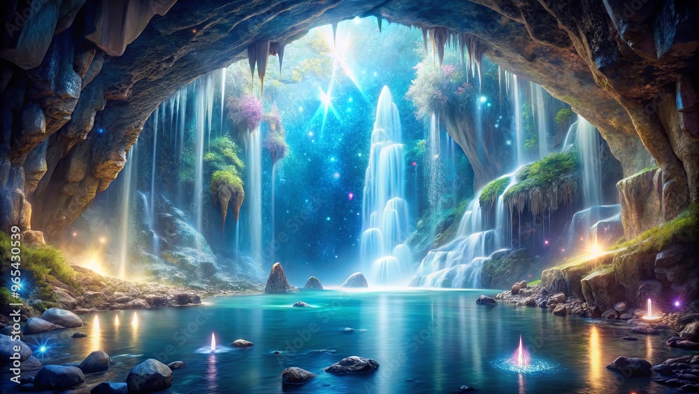 A magical cave with radiant crystals and a sparkling waterfall, evoking a sense of wonder and enchantment A magical cave with radiant crystals and a sparkling waterfall, evoking a sense of wonder and enchantment