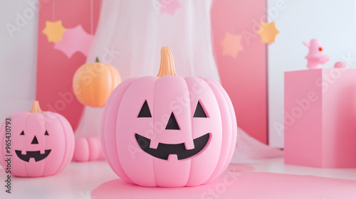 A pink Halloween pumpkin in a pink decorated room photo