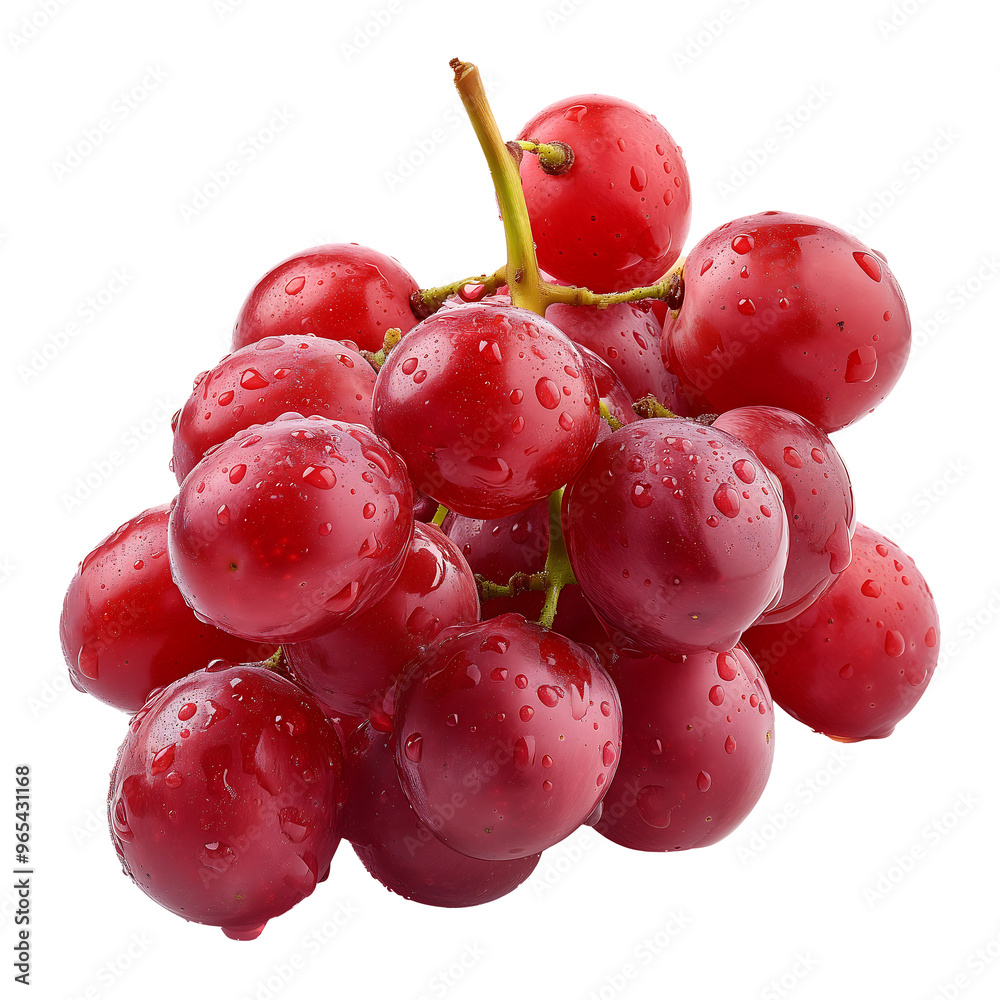 A cluster of red grapes with water droplets on a white background. A cluster of red grapes with water droplets on a white background.