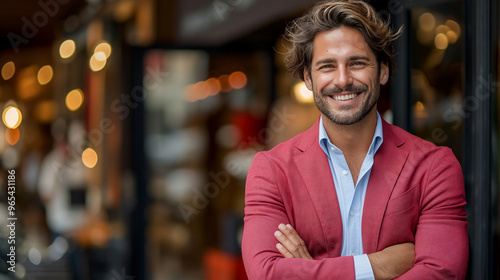 Smiling man in a pink blazer standing confidently in a vibrant city street
