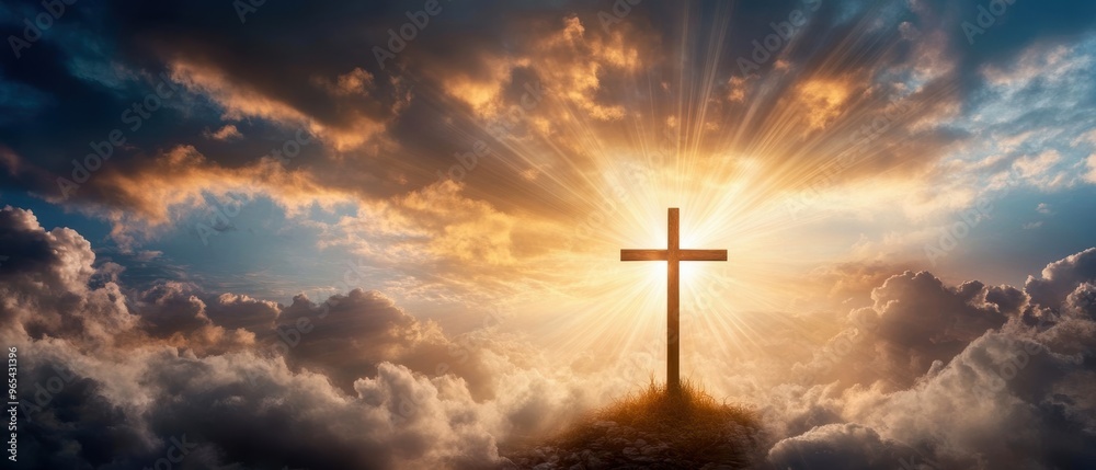 A serene scene showcasing a cross illuminated by radiant light amidst clouds, symbolizing hope and faith. A serene scene showcasing a cross illuminated by radiant light amidst clouds, symbolizing hope and faith.