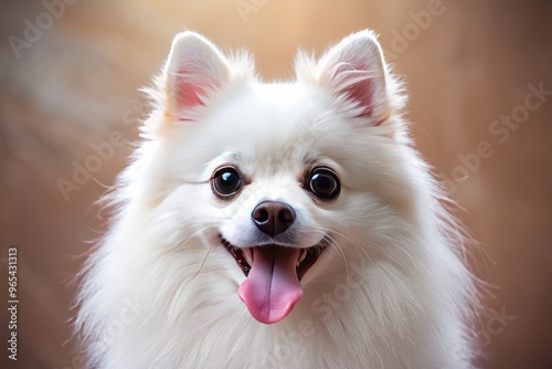 A fluffy white Pomeranian's tongue lolls out, wet and pink, as it gazes up with sparkling brown eyes, ears perked with anticipation.