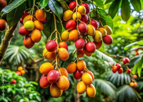 Lush rainforest foliage surrounds a vibrant abiu tree, its oval fruits ripening to a rich blend of golden yellow, apricot orange, and crimson red hues.