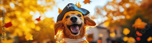 Group of pets dressed in Halloween attire, including a dog in a Frankenstein costume and a cat in a skeleton outfit, with seasonal fall decorations like glowing jack-o'-lanterns photo