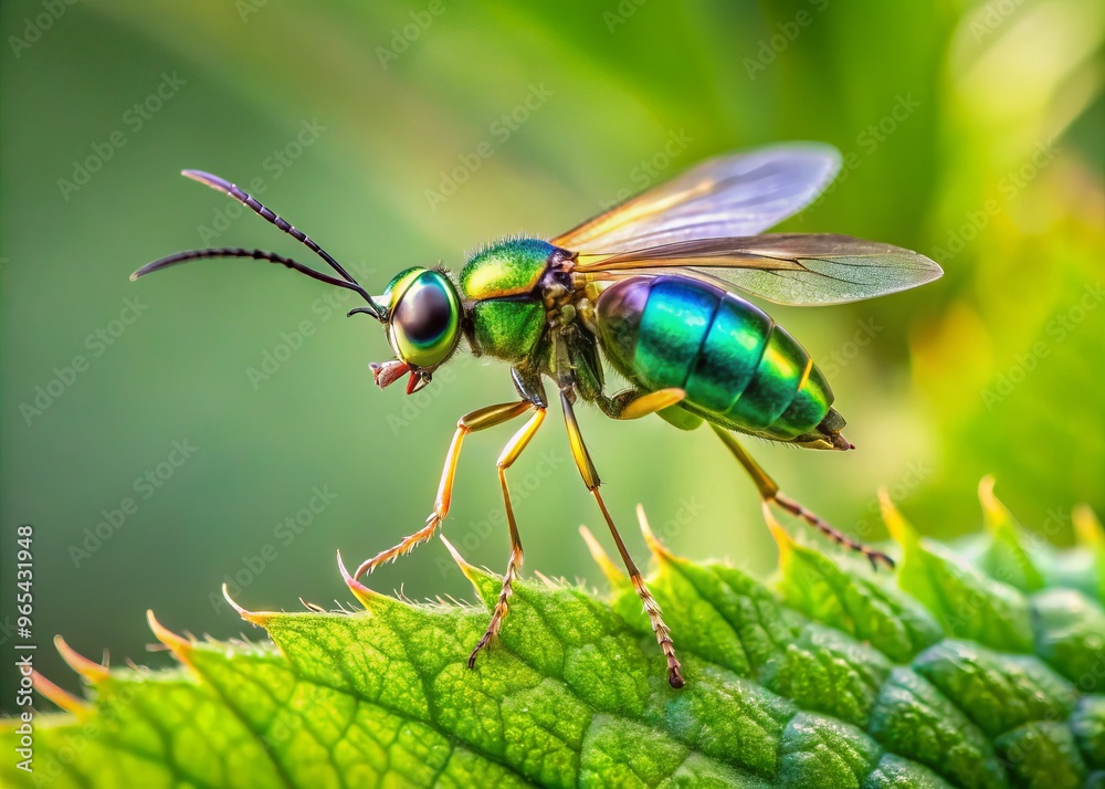 A small, iridescent green flying bug with delicate wings and a slender body, hovering near a lush leaf on a sunny day. A small, iridescent green flying bug with delicate wings and a slender body, hovering near a lush leaf on a sunny day.