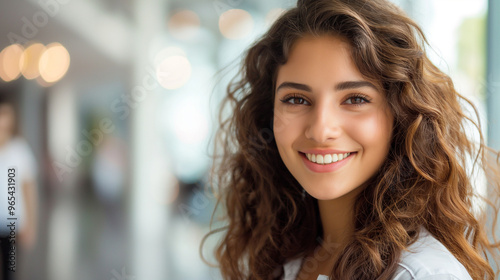 Smiling young woman with curly hair in a bright indoor setting