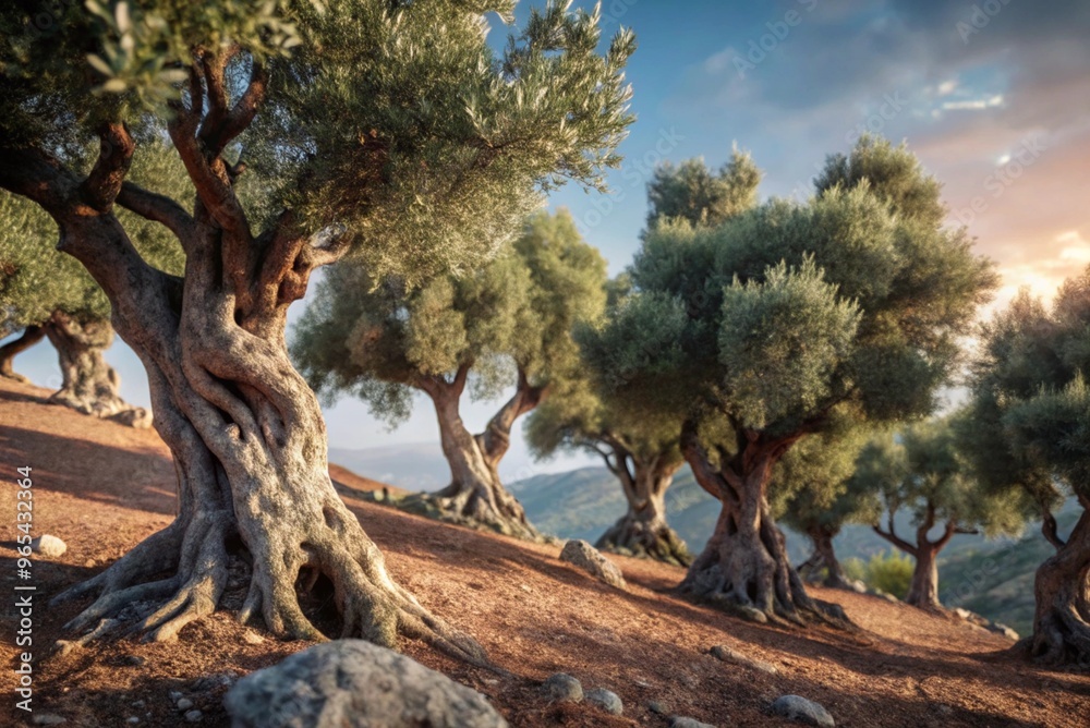 A forgotten grove of ancient olive trees on a hillside, bathed in soft morning light. A forgotten grove of ancient olive trees on a hillside, bathed in soft morning light.