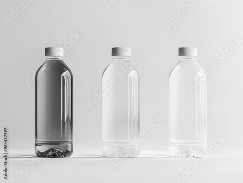 Three distinct water bottles showcasing clarity and design against a minimalist background, ideal for branding and product promotion.