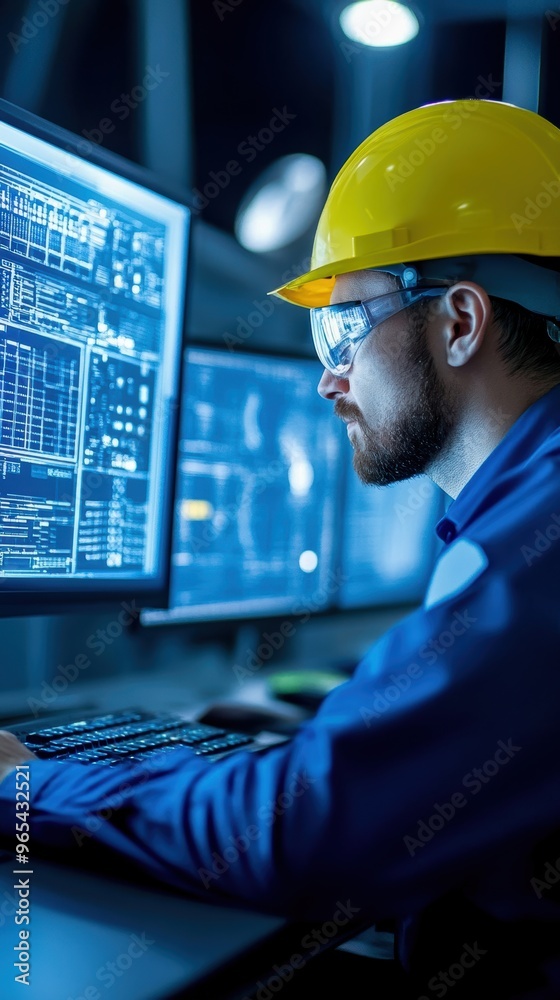A focused engineer in a hard hat monitors multiple screens displaying complex data in a modern industrial environment. A focused engineer in a hard hat monitors multiple screens displaying complex data in a modern industrial environment.