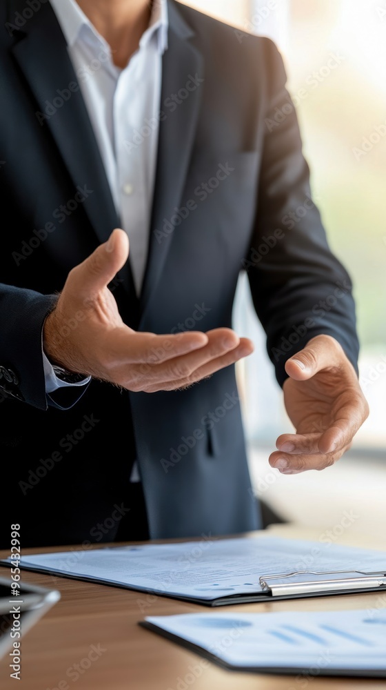 A businessman presenting ideas with open hands, showcasing professionalism and engagement in a modern office environment. A businessman presenting ideas with open hands, showcasing professionalism and engagement in a modern office environment.