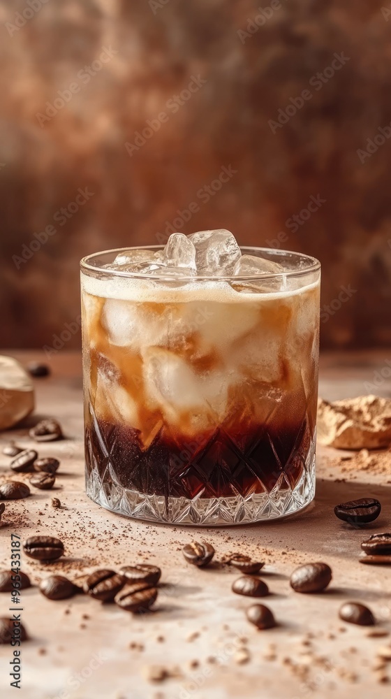 Iced coffee with milk in a glass with ice cubes on a brown table with coffee beans. Iced coffee with milk in a glass with ice cubes on a brown table with coffee beans.