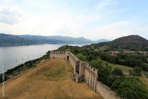 view of lake maggiore and the walls from the tower of the rocca di angera