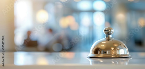 A shiny reception bell on a counter, symbolizing hospitality and service in a modern hotel setting. photo