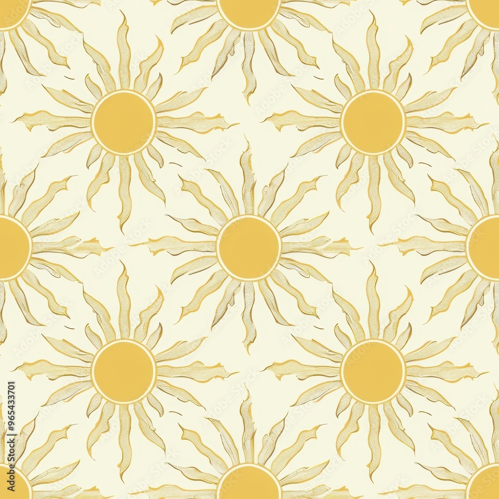 Elegant Sun Motif Pattern with Wavy Rays in Soft Yellow on Light Background for Decorative Wallpaper, Fabric, or Interior Design Elements Elegant Sun Motif Pattern with Wavy Rays in Soft Yellow on Light Background for Decorative Wallpaper, Fabric, or Interior Design Elements