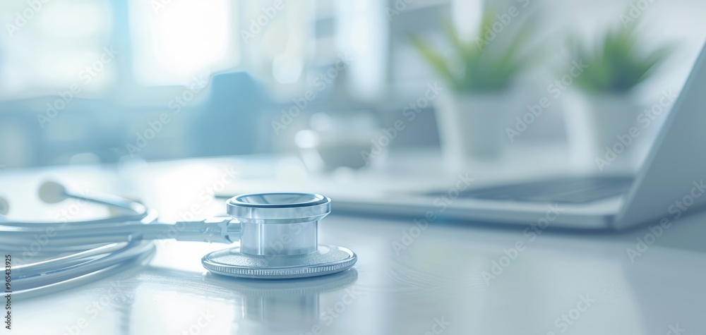 A stethoscope rests on a desk, symbolizing healthcare and medical technology in a modern workspace environment. A stethoscope rests on a desk, symbolizing healthcare and medical technology in a modern workspace environment.